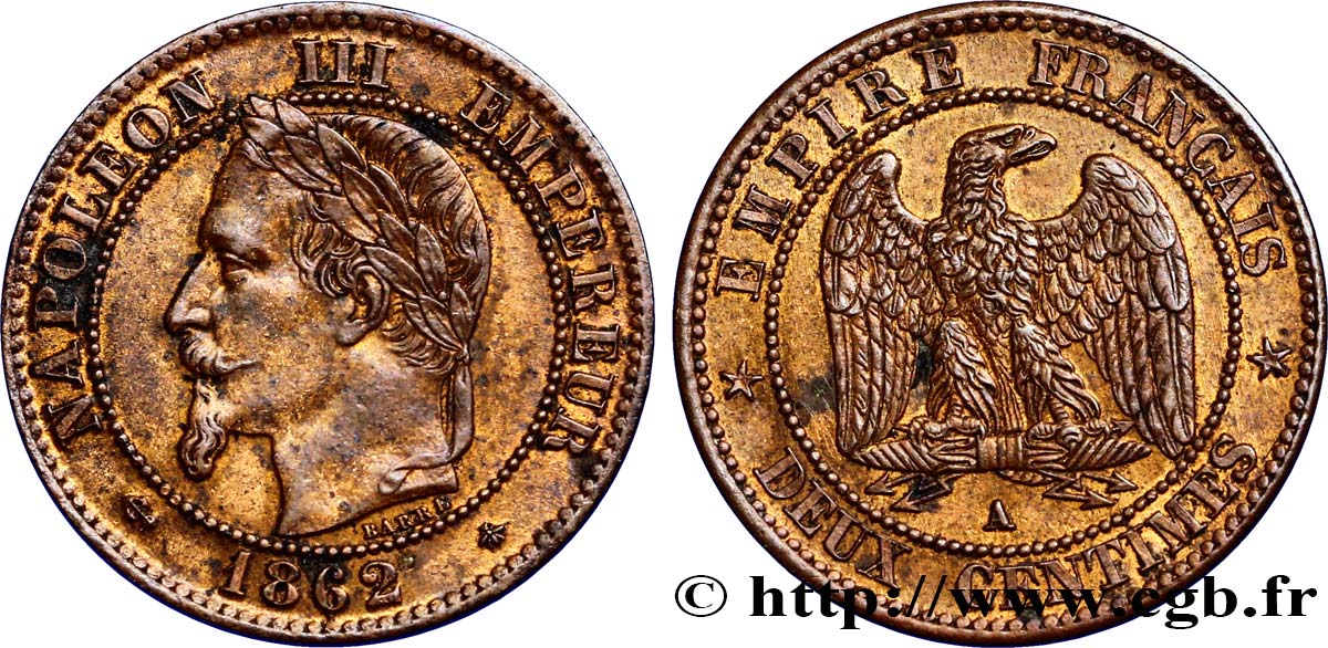 Deux centimes Napoléon III, tête laurée 1862 Paris F.108A/4 XF48 