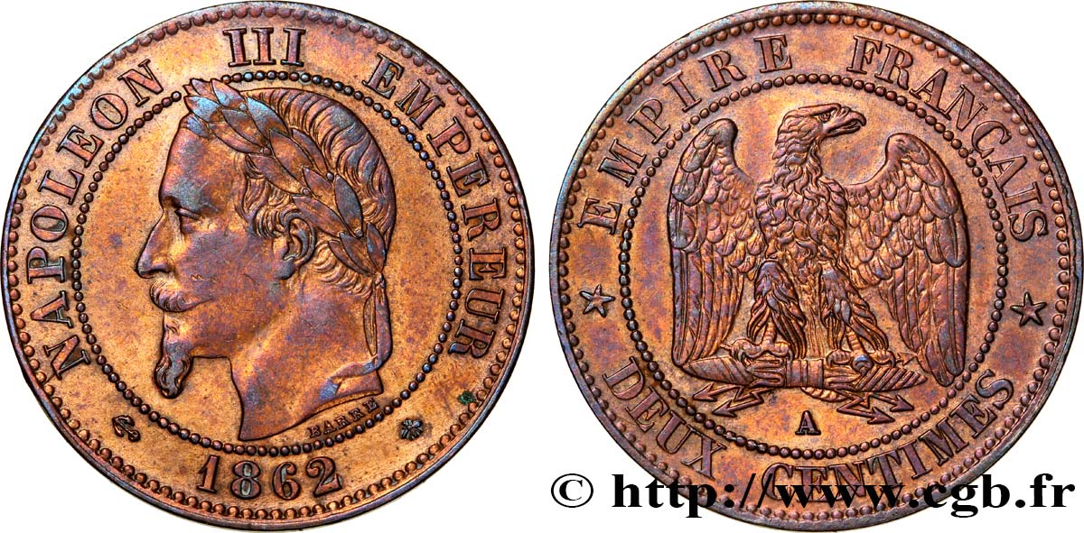 Deux centimes Napoléon III, tête laurée 1862 Paris F.108A/4 SS48 