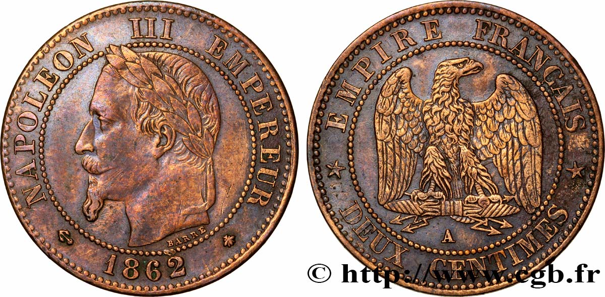 Deux centimes Napoléon III, tête laurée 1862 Paris F.108A/4 SS48 