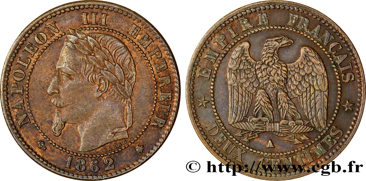 Deux centimes Napoléon III, tête laurée 1862 Paris F.108A/4 BB48 