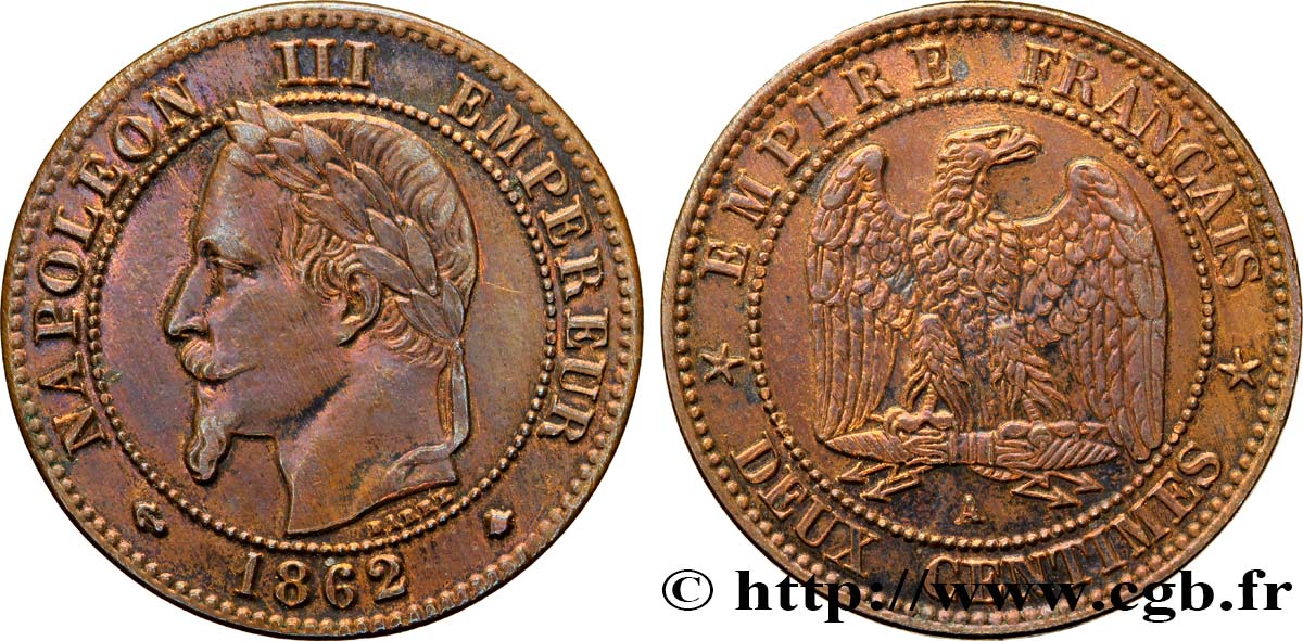 Deux centimes Napoléon III, tête laurée 1862 Paris F.108A/4 SS48 
