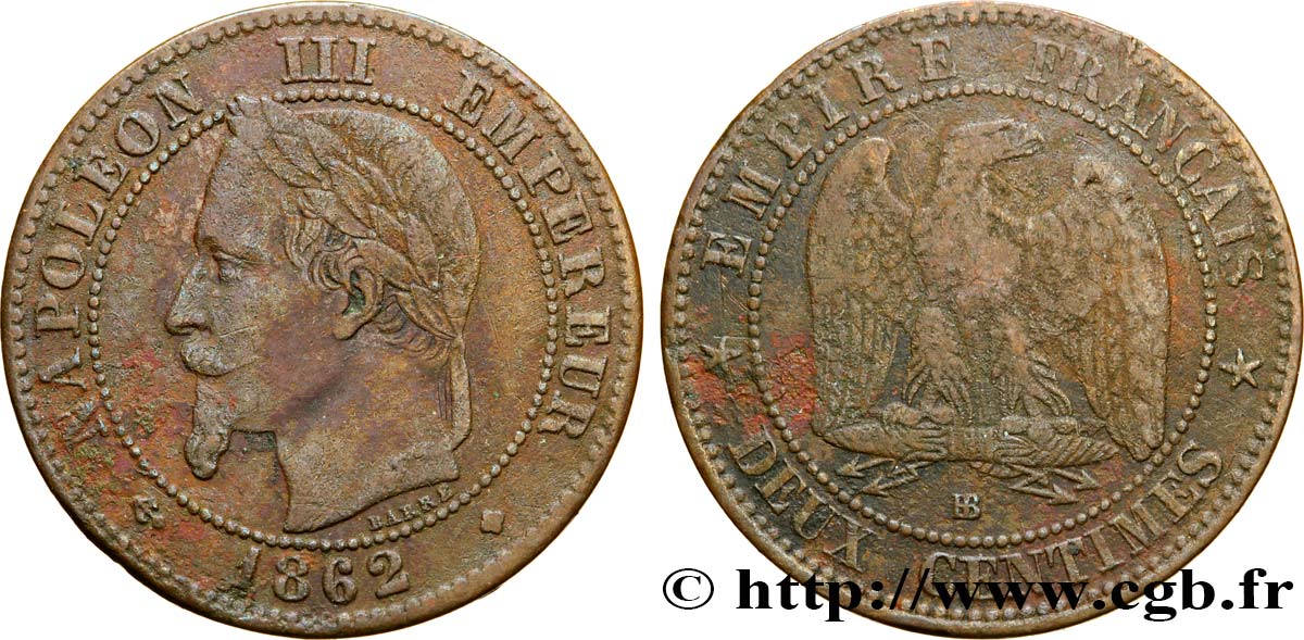 Deux centimes Napoléon III, tête laurée 1862 Strasbourg F.108A/5 BC35 