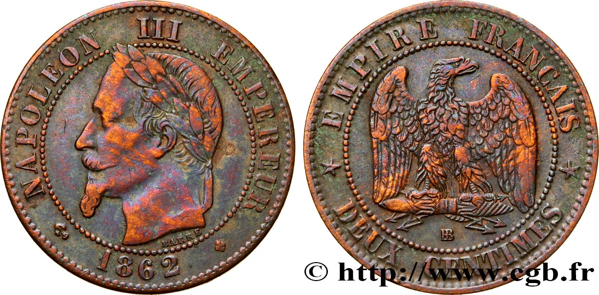 Deux centimes Napoléon III, tête laurée 1862 Strasbourg F.108A/5 MB35 