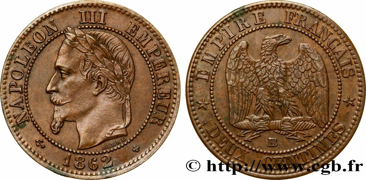Deux centimes Napoléon III, tête laurée 1862 Strasbourg F.108A/5 TB35 