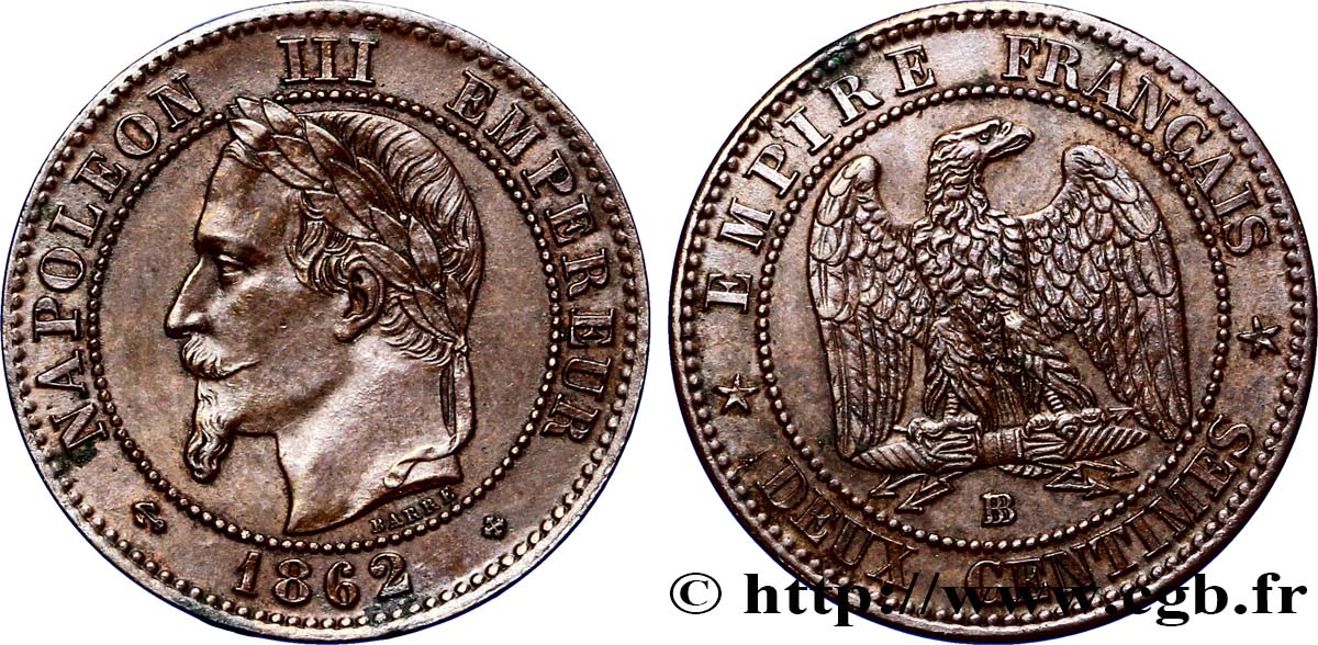 Deux centimes Napoléon III, tête laurée 1862 Strasbourg F.108A/6 TTB48 