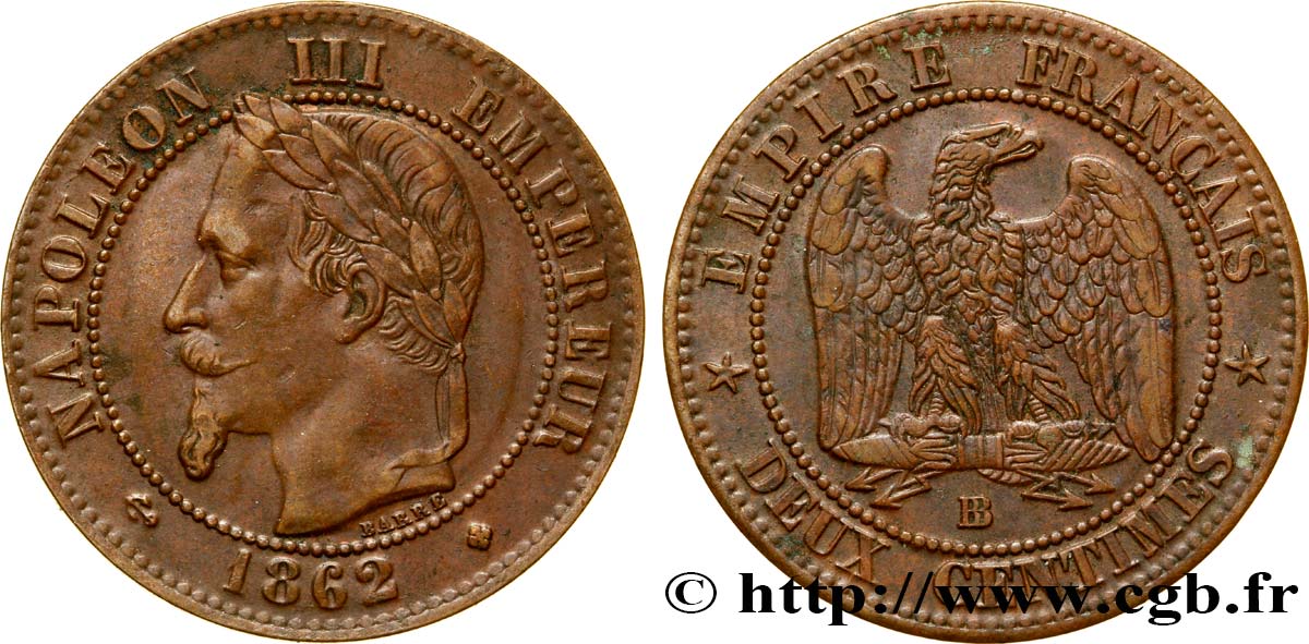 Deux centimes Napoléon III, tête laurée 1862 Strasbourg F.108A/6 MBC48 