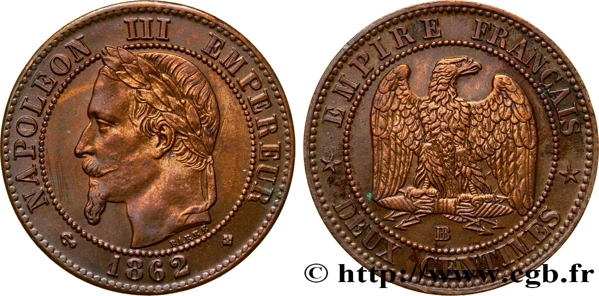Deux centimes Napoléon III, tête laurée 1862 Strasbourg F.108A/6 MBC48 