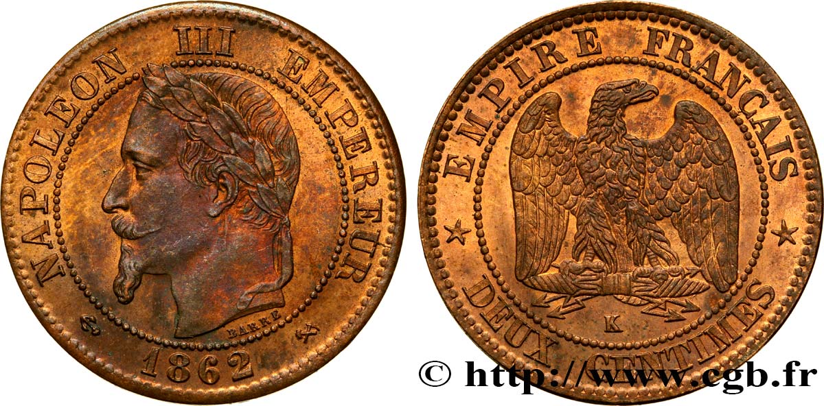 Deux centimes Napoléon III, tête laurée 1862 Bordeaux F.108A/7 EBC60 