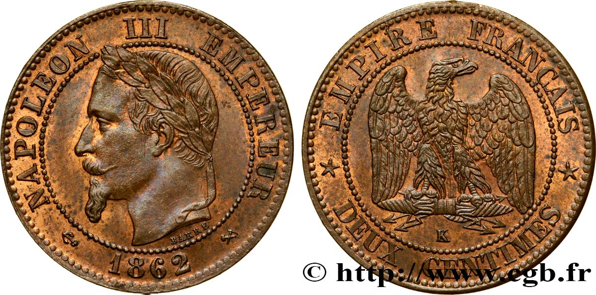 Deux centimes Napoléon III, tête laurée 1862 Bordeaux F.108A/7 VZ60 