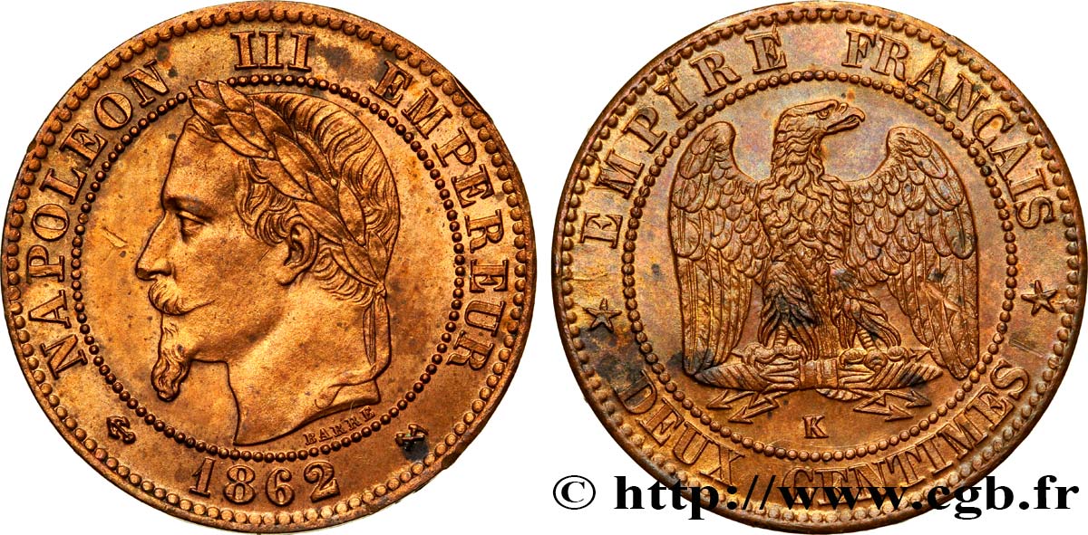 Deux centimes Napoléon III, tête laurée 1862 Bordeaux F.108A/7 VZ60 