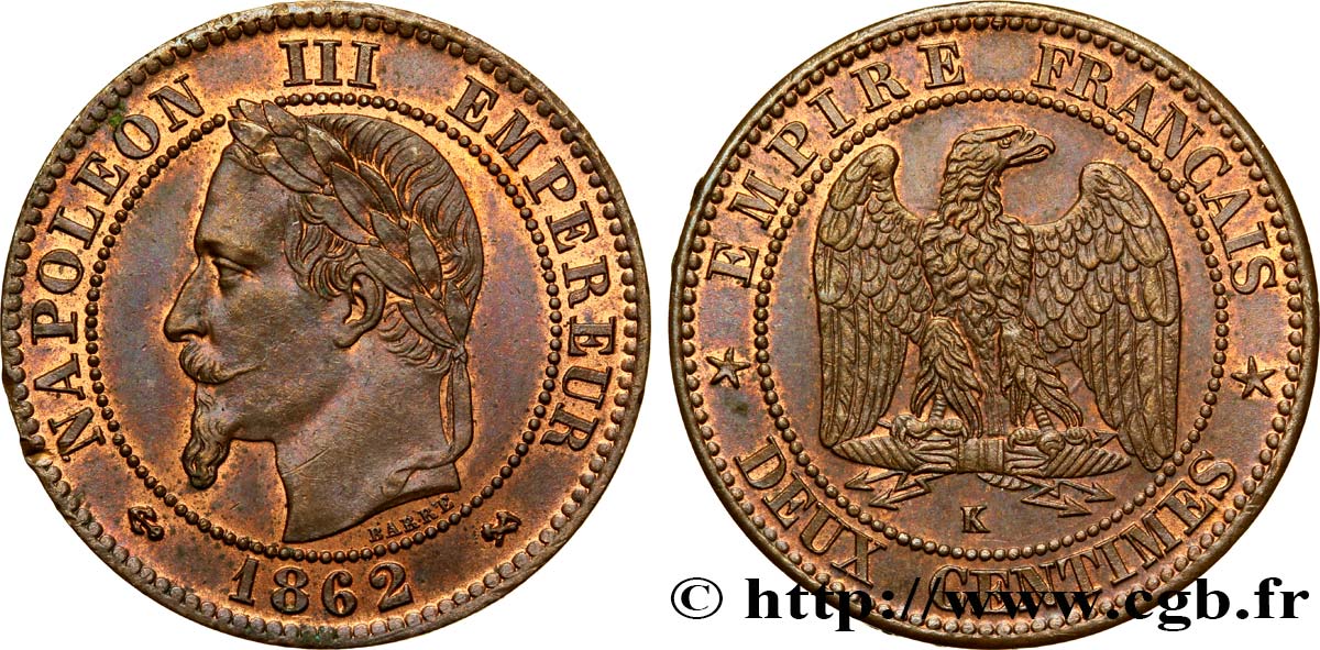Deux centimes Napoléon III, tête laurée 1862 Bordeaux F.108A/7 SPL58 