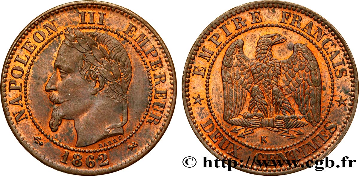Deux centimes Napoléon III, tête laurée 1862 Bordeaux F.108A/7 SPL58 