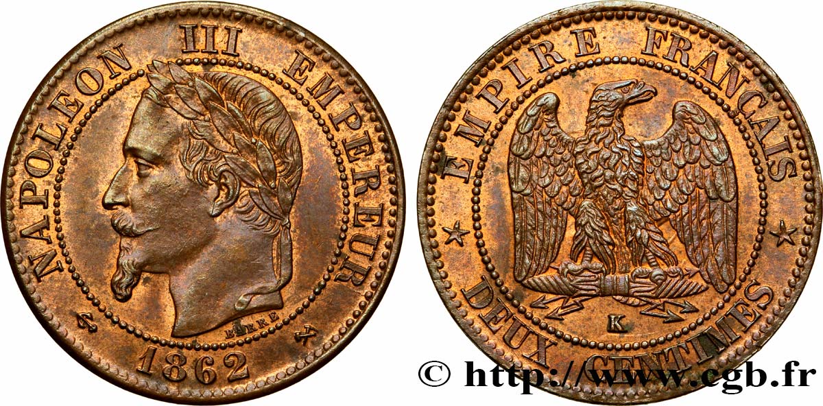 Deux centimes Napoléon III, tête laurée 1862 Bordeaux F.108A/7 EBC58 