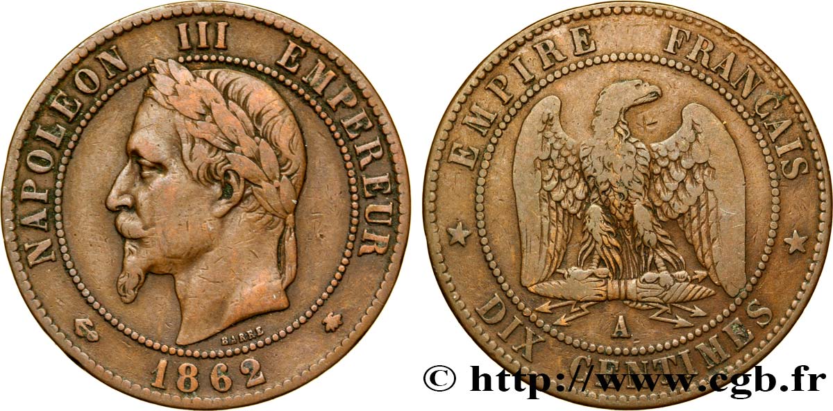 Dix centimes Napoléon III, tête laurée 1862 Paris F.134/7 TB35 