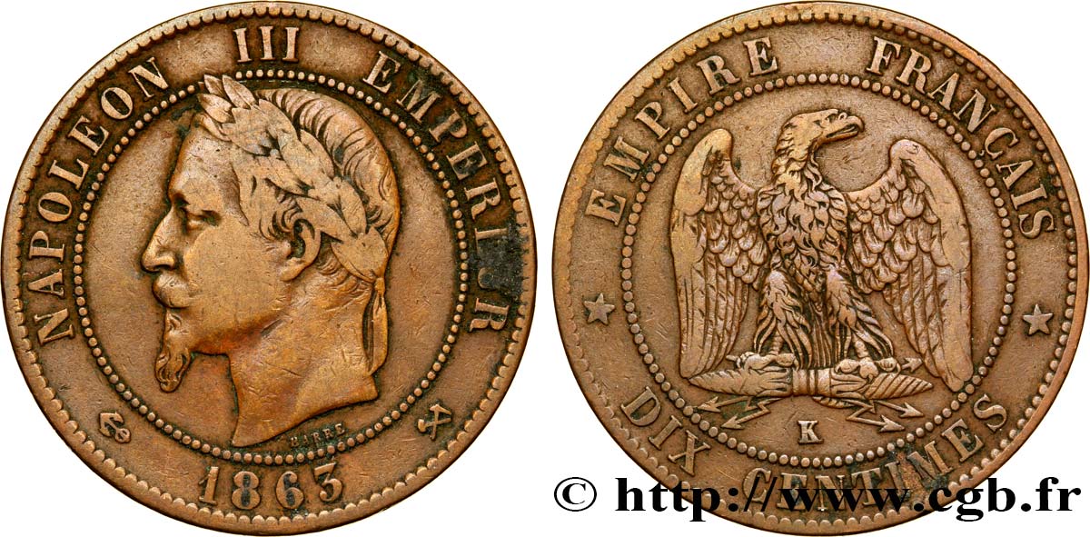 Dix centimes Napoléon III, tête laurée 1863 Bordeaux F.134/12 VF35 