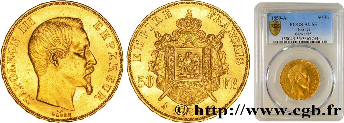 50 francs or Napoléon III, tête nue 1859 Paris F.547/7 AU55 PCGS