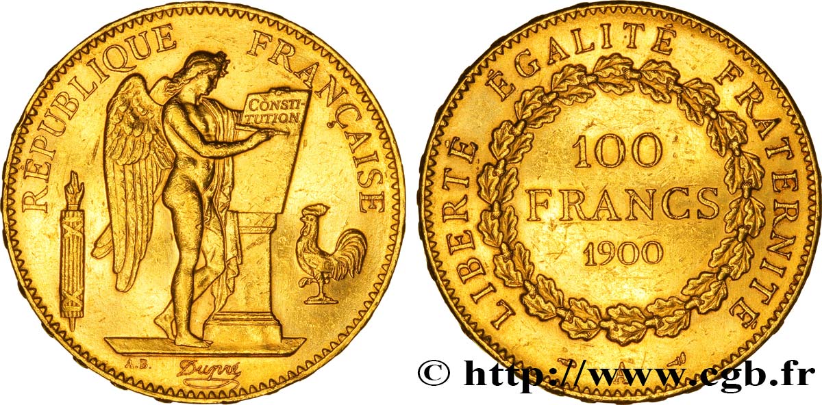 100 francs or Génie, tranche inscrite en relief Dieu protège la France 1900 Paris F.552/13 XF 