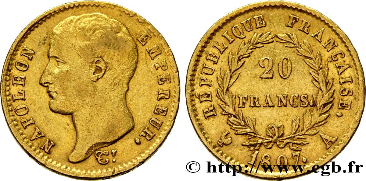 20 francs or Napoléon tête nue, type transitoire 1807 Paris F.514/1 TTB42 
