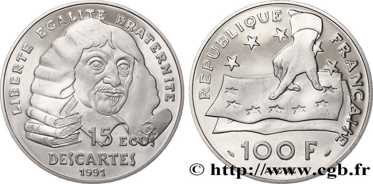 Belle Épreuve 15 écus / 100 francs Descartes 1991 Paris F5.2001 1 MS69 