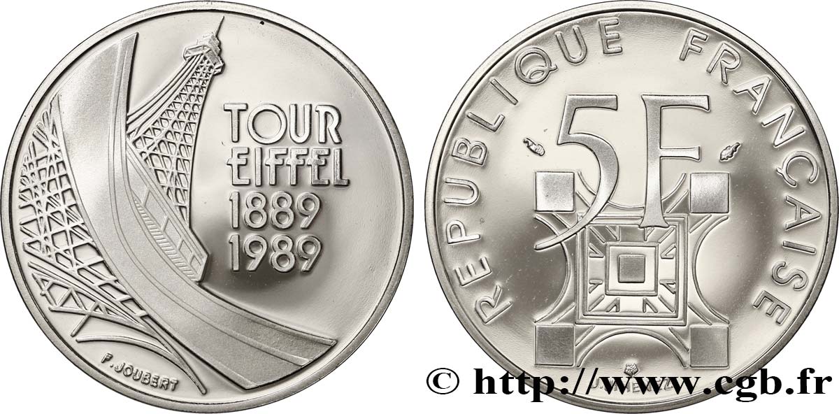 Belle Épreuve argent 5 francs Tour Eiffel 1989 Paris F5.1200 3 MS70 