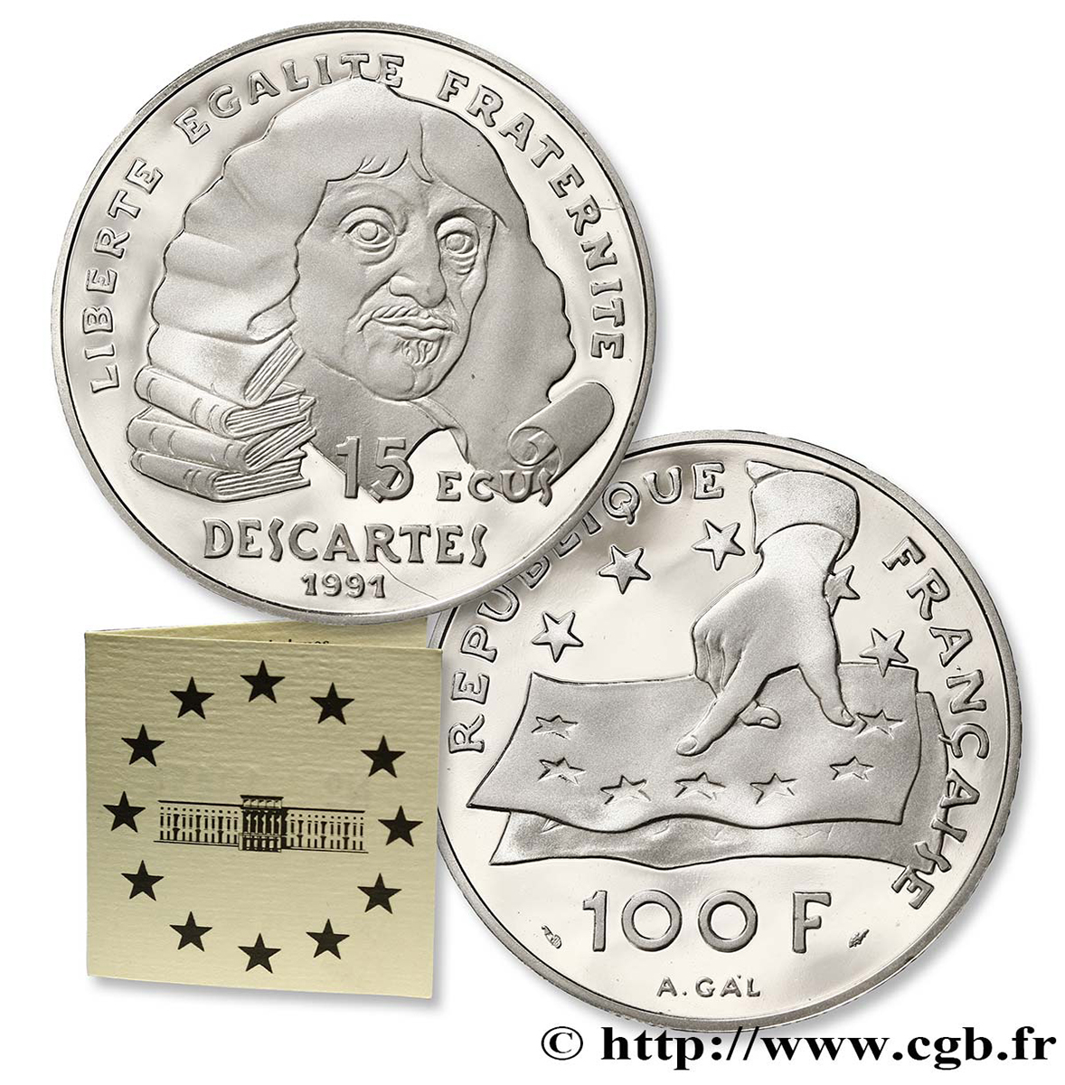 Belle Épreuve 15 écus / 100 francs Descartes 1991 Paris F5.2001 1 MS70 