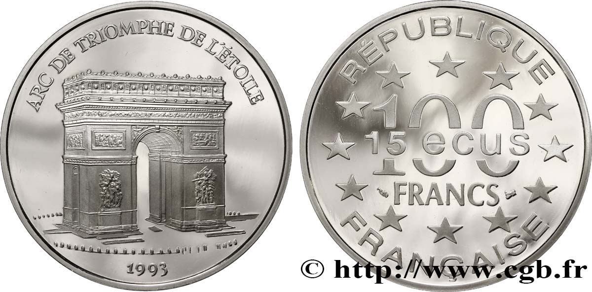 Belle Epreuve 15 écus / 100 francs - Arc de Triomphe (Paris) - Différent Abeille 1993  F5.2005 2 MS65 