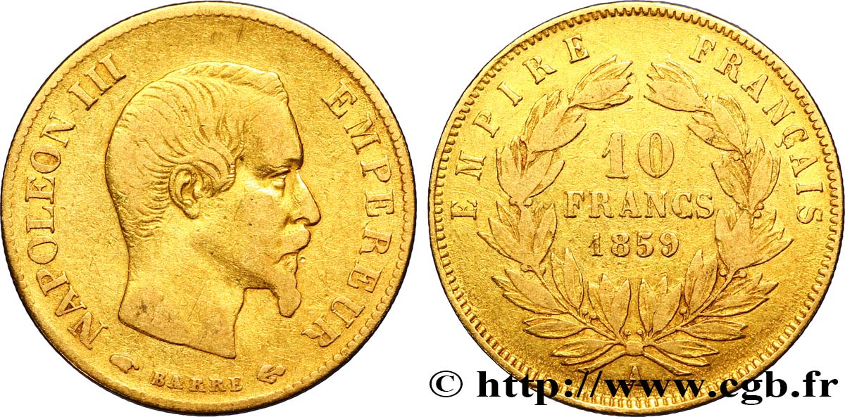 10 francs or Napoléon III, tête nue, grand module 1859 Paris F.506/7 XF42 