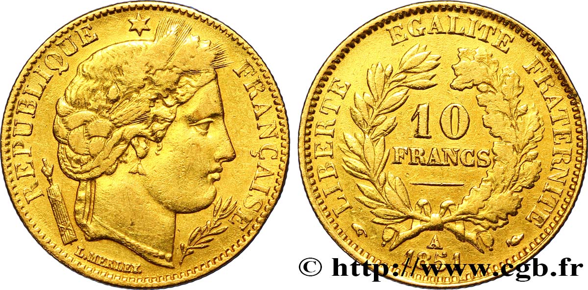 10 francs or Cérès, IIe République 1851 Paris F.504/3 VF25 