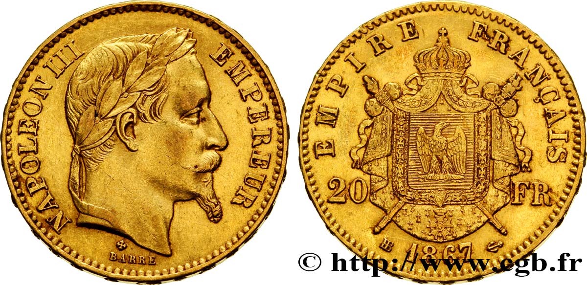 20 francs or Napoléon III, tête laurée, petit BB 1867 Strasbourg F.532/16 TTB45 