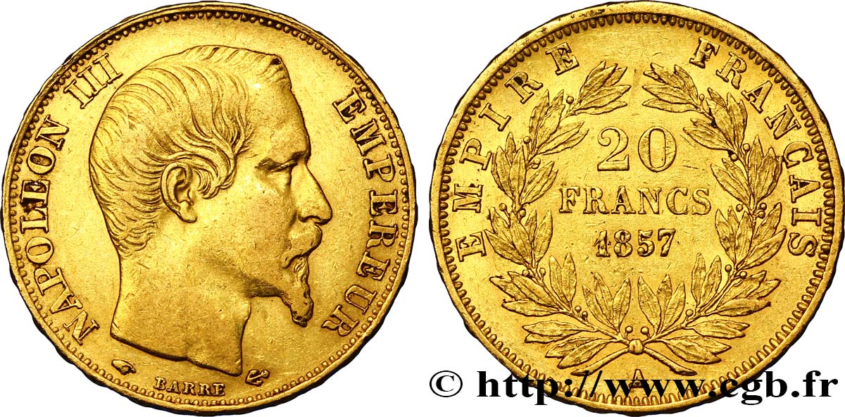20 francs or Napoléon III, tête nue 1857 Paris F.531/12 BB42 