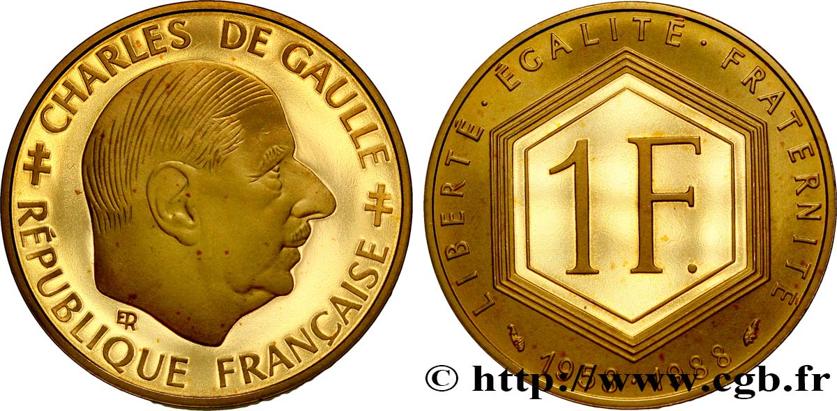 Belle Epreuve Or 1 franc - De Gaulle 1988 Paris F.1000 1 FDC 