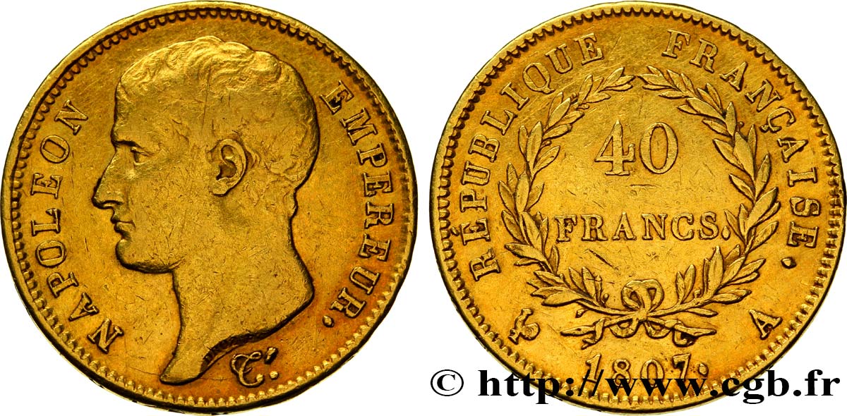40 francs or Napoléon tête nue, type transitoire 1807 Paris F.539/1 TTB45 