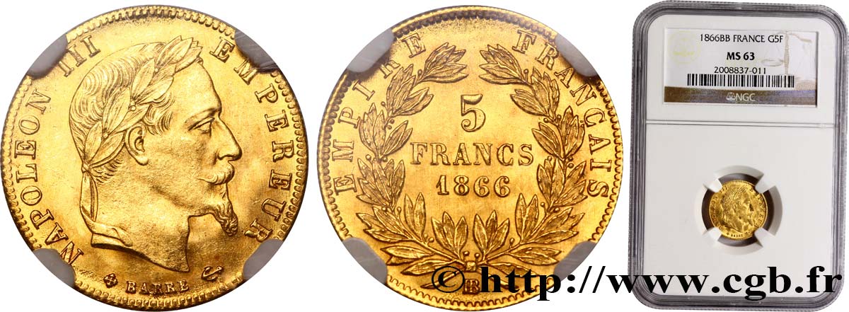 5 francs or Napoléon III, tête laurée 1866 Strasbourg F.502/10 SUP62 