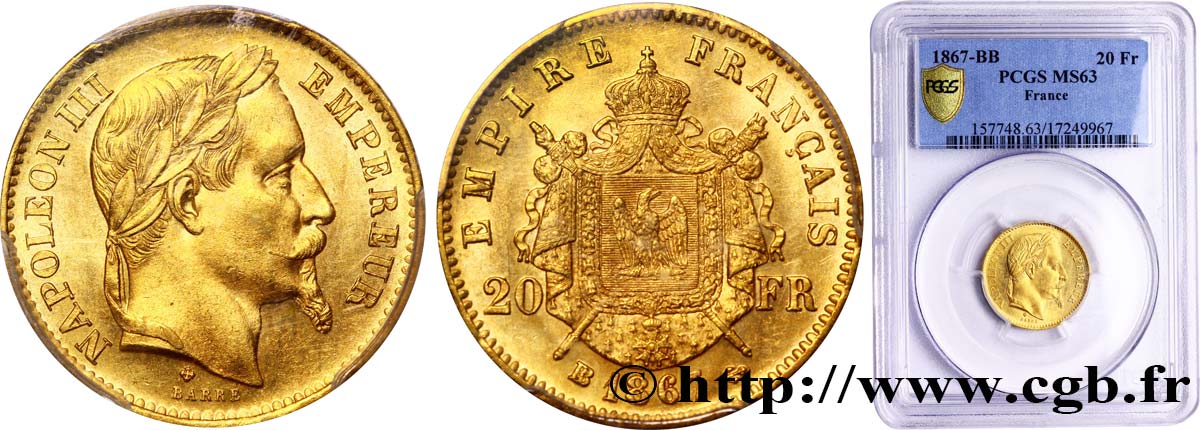 20 francs or Napoléon III, tête laurée - PCGS MS 63 1867 Strasbourg F.532/16 SPL60 
