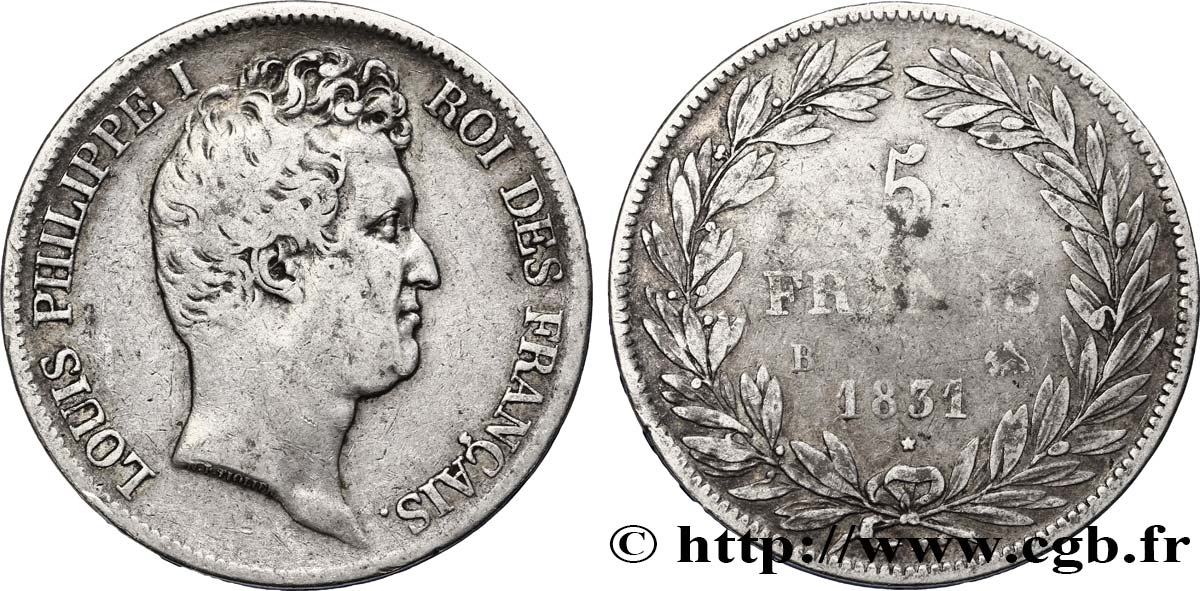 5 francs type Tiolier avec le I, tranche en creux 1831 Rouen F.315/15 TB25 