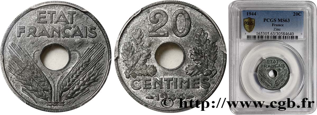 20 centimes État français 1944  F.153A/2 fST63 PCGS