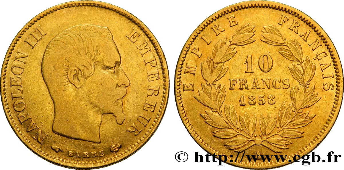 10 francs or Napoléon III, tête nue, grand module 1858 Paris F.506/5 TB30 