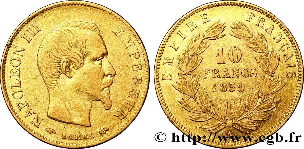 10 francs or Napoléon III, tête nue, grand module 1859 Paris F.506/7 MBC45 