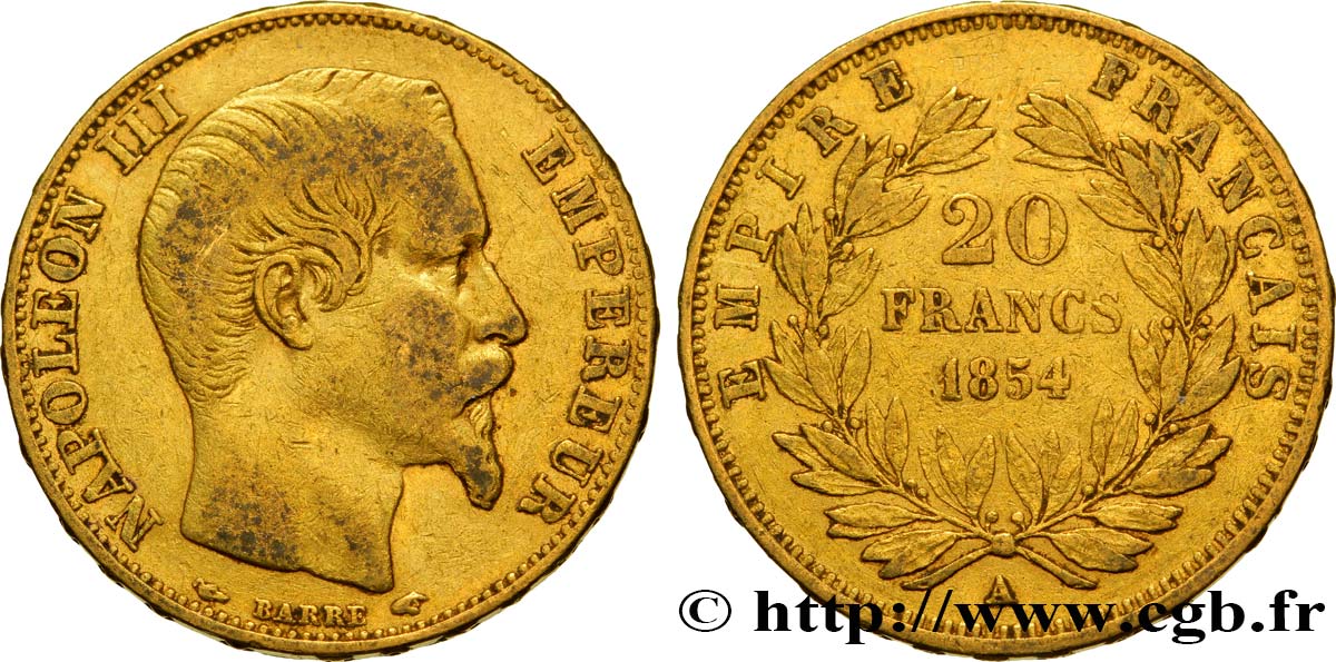 20 francs or Napoléon III, tête nue 1854 Paris F.531/2 SS45 