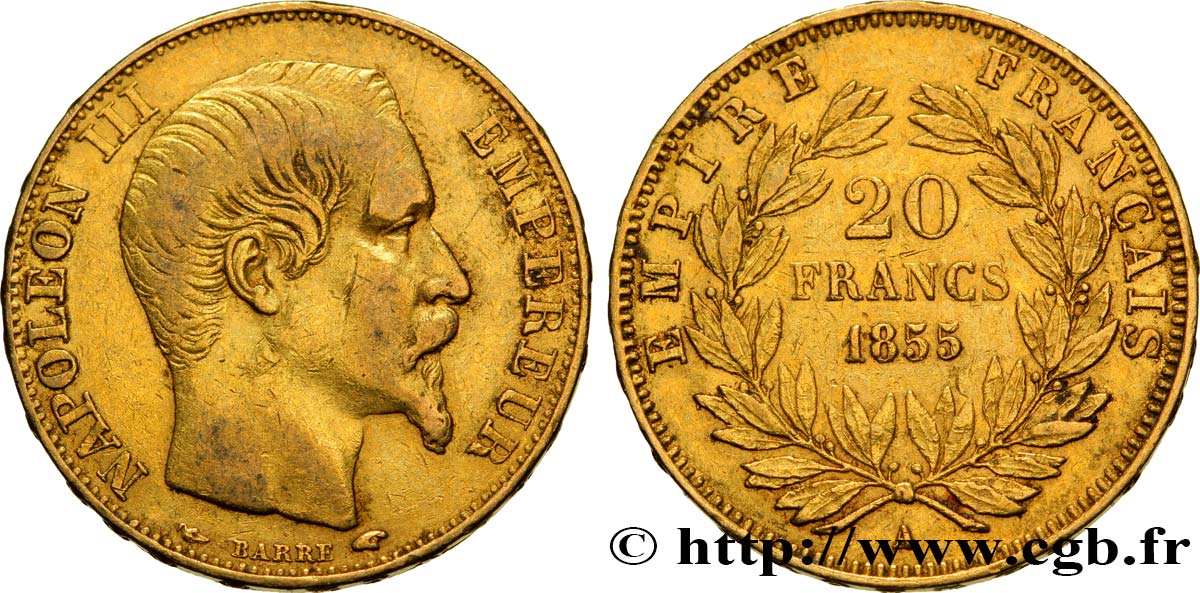 20 francs or Napoléon III, tête nue 1855 Paris F.531/3 MBC45 