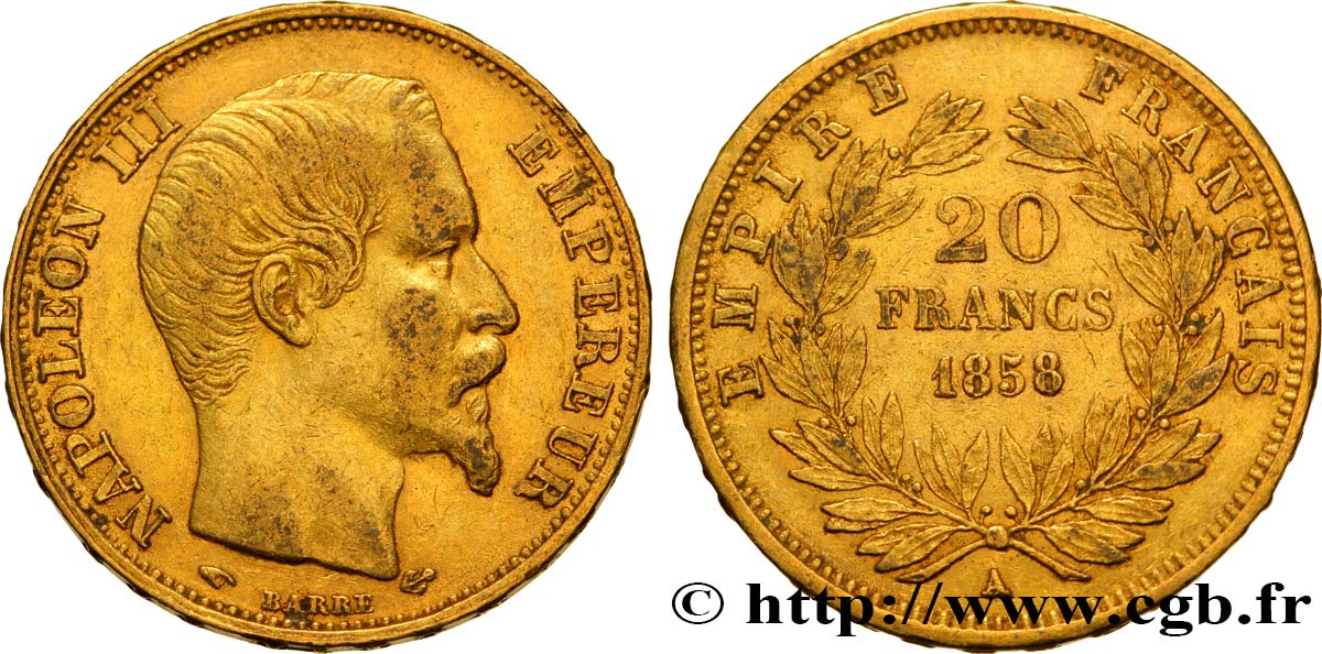20 francs or Napoléon III, tête nue 1858 Paris F.531/13 XF45 