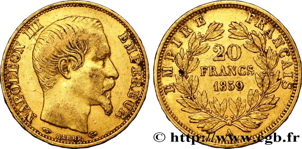 20 francs or Napoléon III, tête nue 1859 Paris F.531/15 SS45 