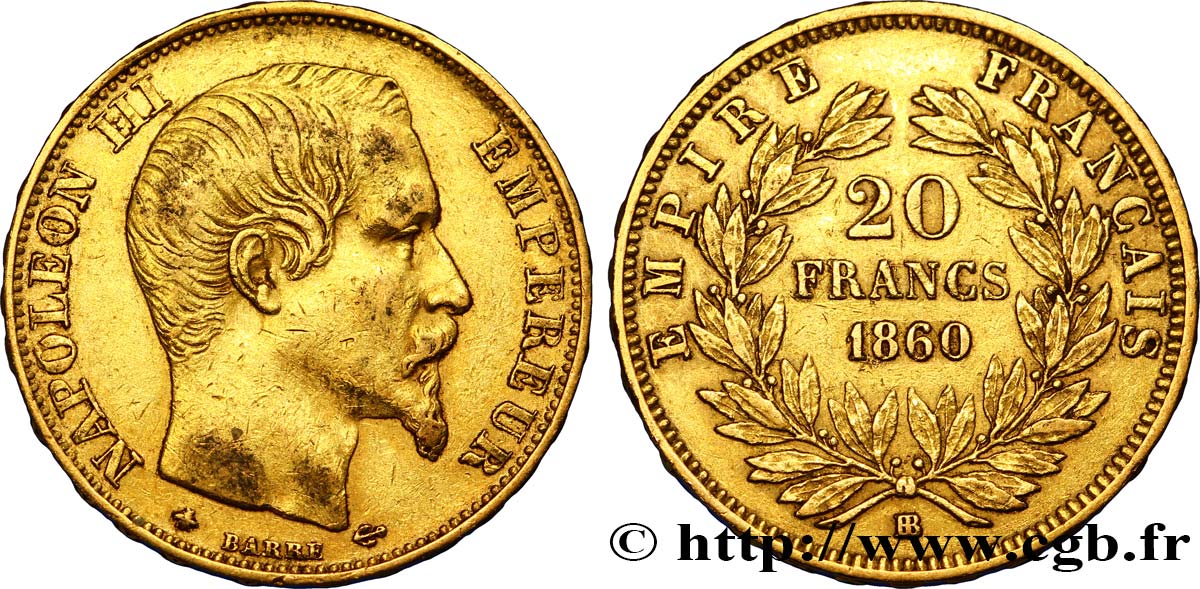 20 francs or Napoléon III, tête nue 1860 Strasbourg F.531/20 TTB45 