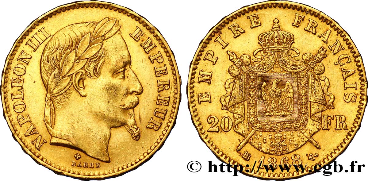 20 francs or Napoléon III, tête laurée 1868 Strasbourg F.532/19 MBC48 