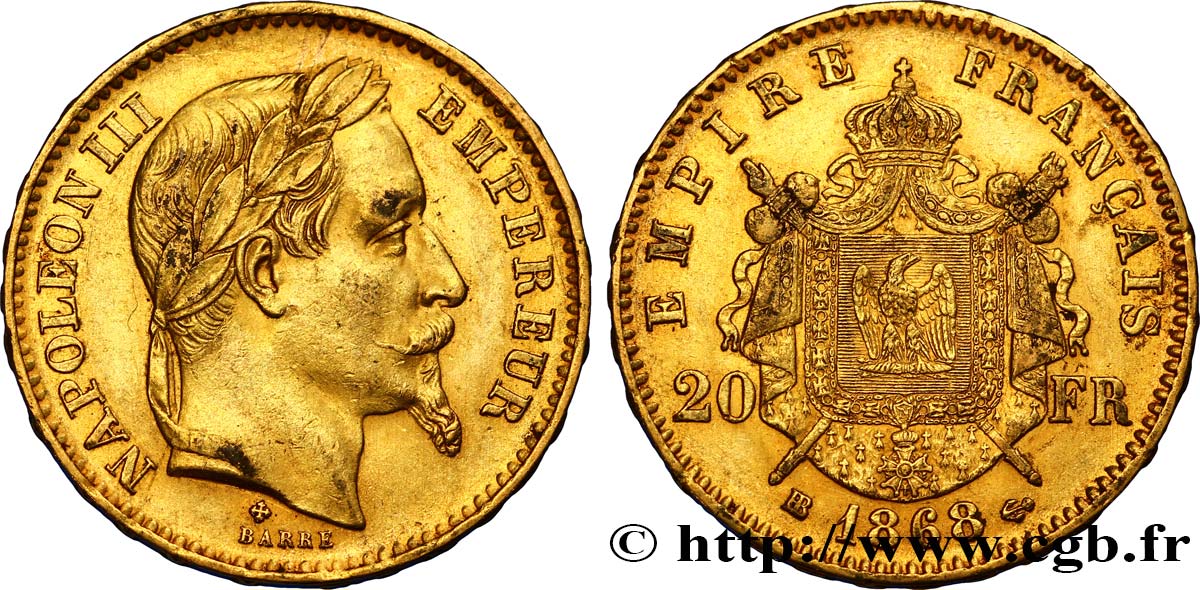 20 francs or Napoléon III, tête laurée 1868 Strasbourg F.532/19 XF48 