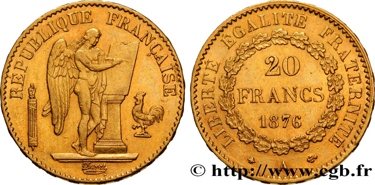 20 francs or Génie, Troisième République 1876 Paris F.533/4 TTB50 