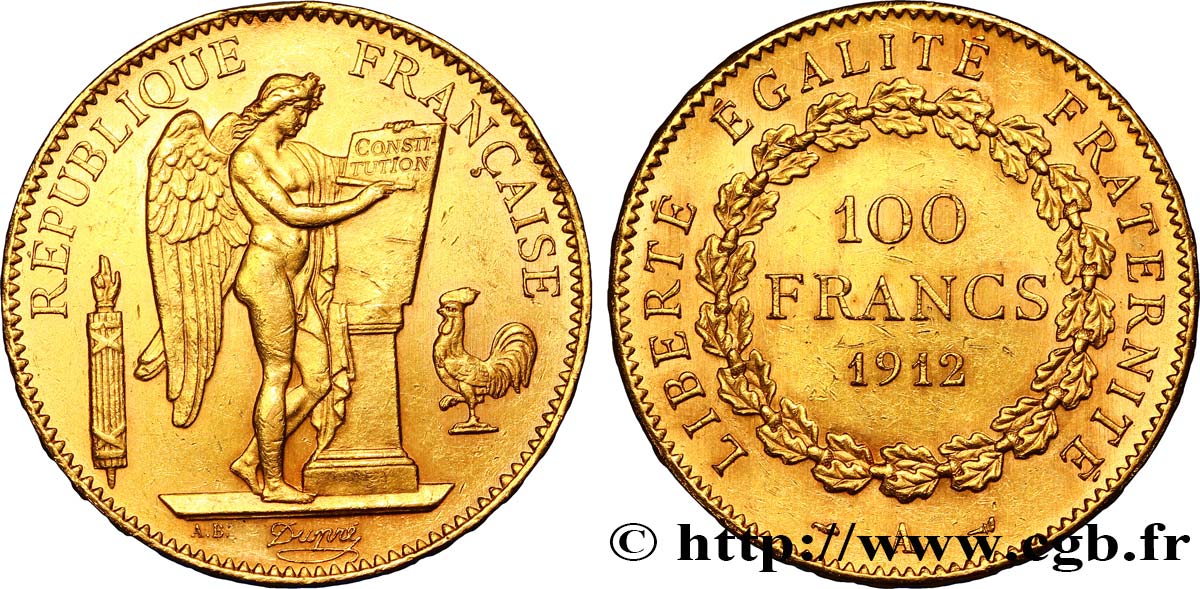 100 francs or Génie, tranche inscrite en relief Liberté Égalité Fraternité 1912 Paris F.553/6 MBC52 
