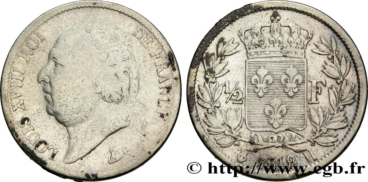 1/2 franc Louis XVIII 1818 La Rochelle F.179/17 TB15 