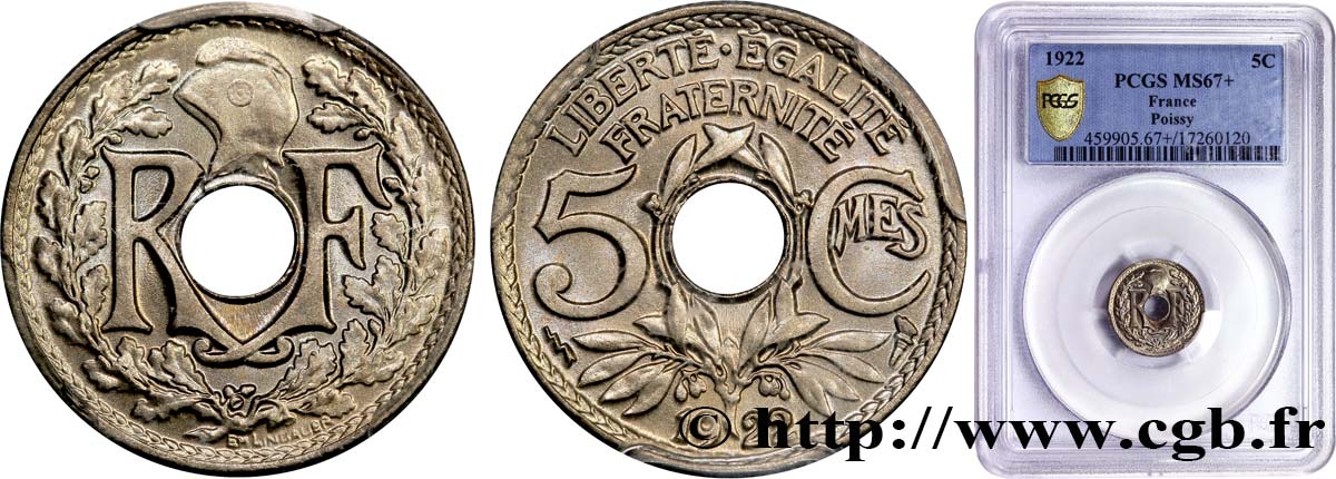 5 centimes Lindauer, petit module 1922 Poissy F.122/5 MS67 PCGS
