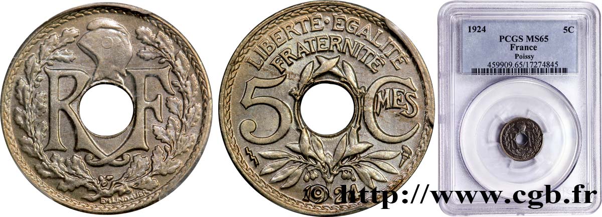 5 centimes Lindauer, petit module 1924 Poissy F.122/9 FDC65 PCGS